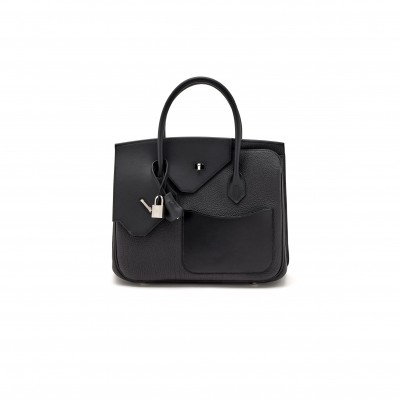 HERMÈS BIRKIN 30 TOGO AND SWIFT NATURELLE LEATHER BLACK SILVER BUCKLE H028539CK03 (30*22*16cm)
